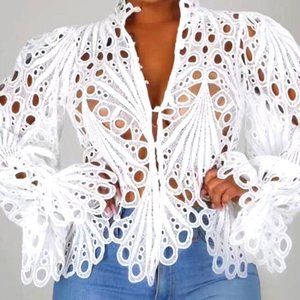 Embroidery Button Fron Bell Sleve Top